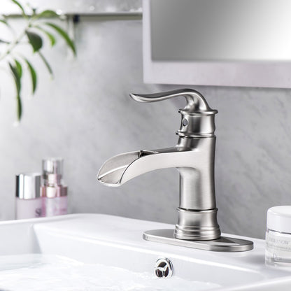 Bathroom Single Hole or Three Holes Waterfall Sink Faucet Brushed Nickel Single Handle with Deck Plate and Pop-up Drain W124379896