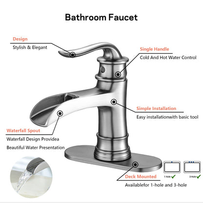 Bathroom Single Hole or Three Holes Waterfall Sink Faucet Brushed Nickel Single Handle with Deck Plate and Pop-up Drain W124379896