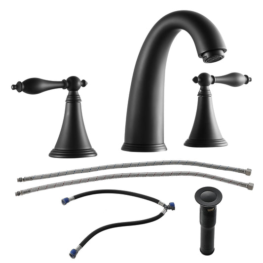 Bathroom Widespread Three Hole Sink Faucet Matte Black Two Handles With Pop-up Drain Round W124379942