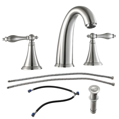 Bathroom Widespread Three Hole Sink Faucet Brushed Nickel Two Handles With Pop-up Drain Round W124379953