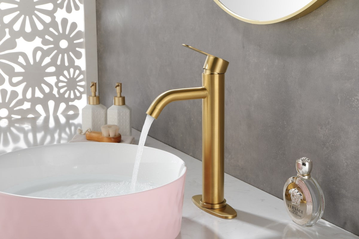Bathroom Single Hole or Three Hole Vessel Sink Faucet Brushed Gold Single Handle With Deck Plate  W127264940