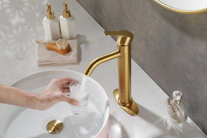 Bathroom Single Hole or Three Hole Vessel Sink Faucet Brushed Gold Single Handle With Deck Plate  W127264940