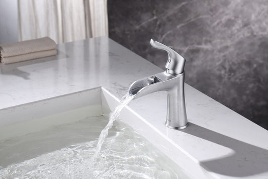 Bathroom Single Hole Waterfall Sink Faucet Brushed Chrome Single Handle Round W105683086