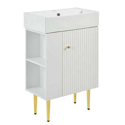 21.6" Bathroom Vanity with Sink, Slim Freestanding Bathroom Vanity Cabinet with Ceramic Sink & Overflow, Gold Metal Legs, Soft Close Door, for Small Bathroom,,White