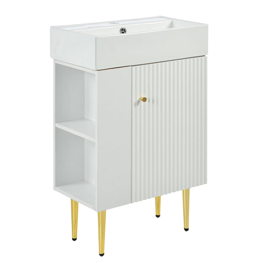 21.6" Bathroom Vanity with Sink, Slim Freestanding Bathroom Vanity Cabinet with Ceramic Sink & Overflow, Gold Metal Legs, Soft Close Door, for Small Bathroom,,White