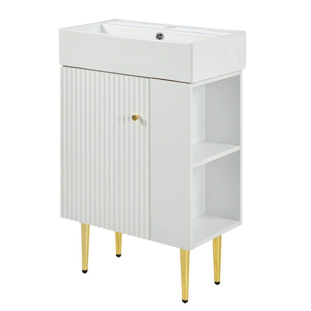 21.6" Bathroom Vanity with Sink, Slim Freestanding Bathroom Vanity Cabinet with Ceramic Sink & Overflow, Gold Metal Legs, Soft Close Door, for Small Bathroom,,White