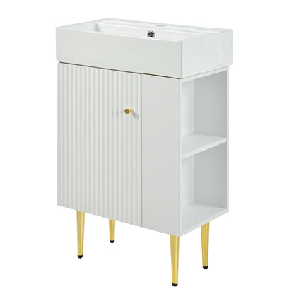 21.6" Bathroom Vanity with Sink, Slim Freestanding Bathroom Vanity Cabinet with Ceramic Sink & Overflow, Gold Metal Legs, Soft Close Door, for Small Bathroom,,White