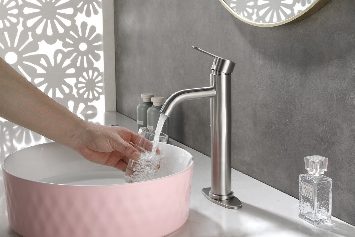 Bathroom Single Hole or Three Hole Vessel Sink Faucet Brushed Nickel Single Handle With Deck Plate W928101008