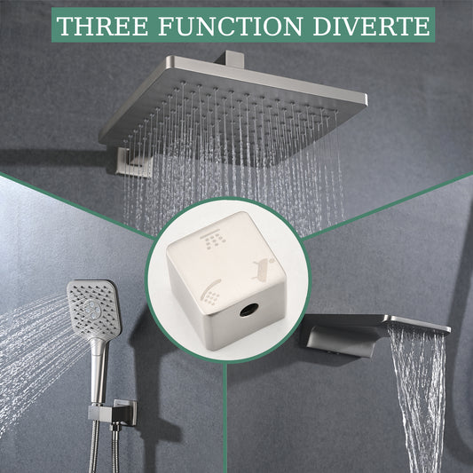 Shower system with Tub Spout, Wall Mounted Shower Faucet Set for Bathroom, High Pressure 10-inch Rain Shower head and 3-Setting Handheld Shower Head Set,Brushed Nickel