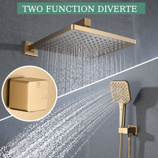 Shower system with Concealed Valve, Wall Mounted Shower Faucet Set for Bathroom, High Pressure 10-inch Rain Shower head and 3-Setting Handheld Shower Head Set,Brushed Gold