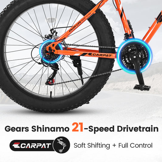 26-Inch Fat Tire Mountain Bike for Riders 5'4"–6'2", Shimano 21-Speed, Dual Disc Brakes, Front Suspension, High-Carbon Steel Frame, Adult Commuter & Trail Bike, Orange
