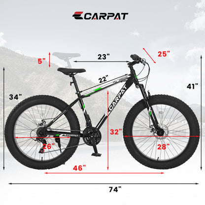 26x4 Inch Fat Tire Mountain Bike Shimano 21 Speed Dual Disc Brake Front Suspension Trail Bike, Urban Commuter City Bicycle Adult or Youth Black