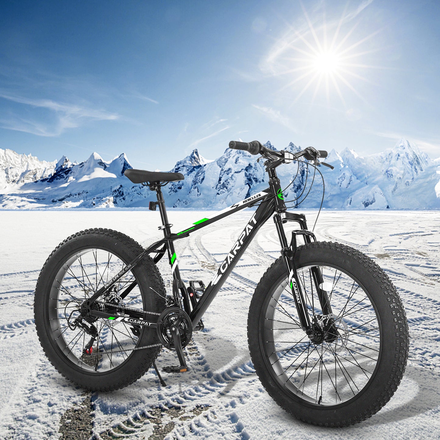 26x4 Inch Fat Tire Mountain Bike Shimano 21 Speed Dual Disc Brake Front Suspension Trail Bike, Urban Commuter City Bicycle Adult or Youth Black