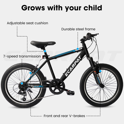 20 Inch Kids Montain Bike Shimano 7 Speed Disc Brake Front Suspension Hard Tail for Boys and Girls Black Blue
