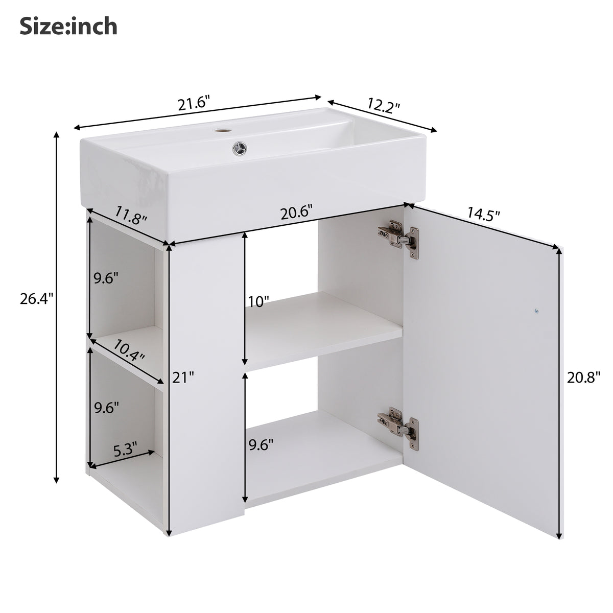21.6" Floating Bathroom Vanity with Sink, Slim Wall Mounted Bathroom Vanity with Ceramic Basin & Overflow, Wave Pattern Door with Rose Gold Handle, Soft Close Door,White