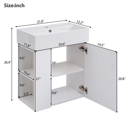 21.6" Floating Bathroom Vanity with Sink, Slim Wall Mounted Bathroom Vanity with Ceramic Basin & Overflow, Wave Pattern Door with Rose Gold Handle, Soft Close Door,White