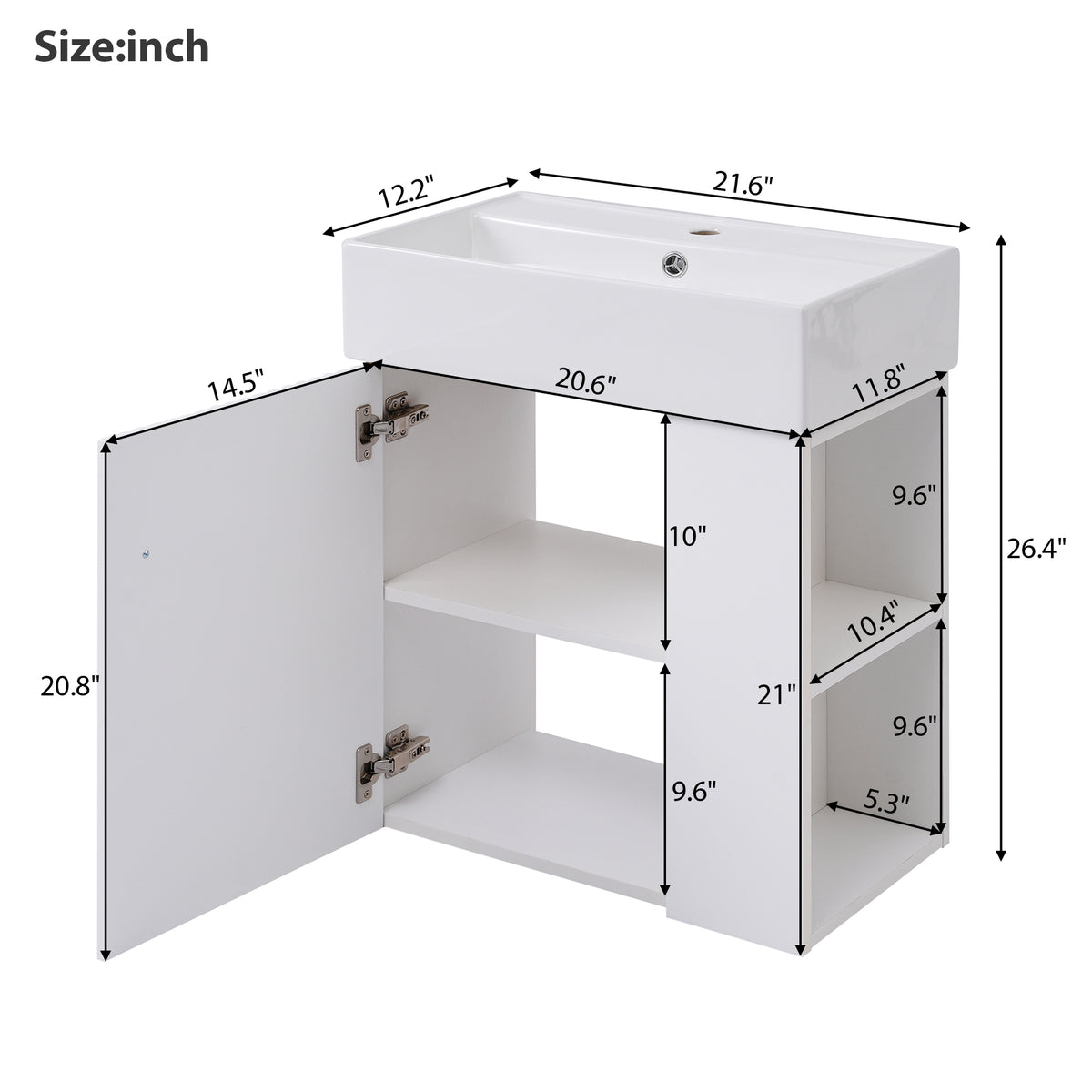 21.6" Floating Bathroom Vanity with Sink, Slim Wall Mounted Bathroom Vanity with Ceramic Basin & Overflow, Wave Pattern Door with Rose Gold Handle, Soft Close Door,White