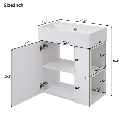 21.6" Floating Bathroom Vanity with Sink, Slim Wall Mounted Bathroom Vanity with Ceramic Basin & Overflow, Wave Pattern Door with Rose Gold Handle, Soft Close Door,White