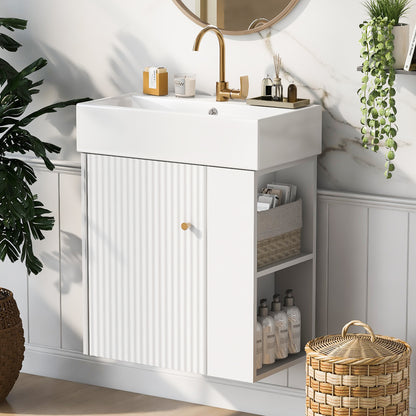 21.6" Floating Bathroom Vanity with Sink, Slim Wall Mounted Bathroom Vanity with Ceramic Basin & Overflow, Wave Pattern Door with Rose Gold Handle, Soft Close Door,White