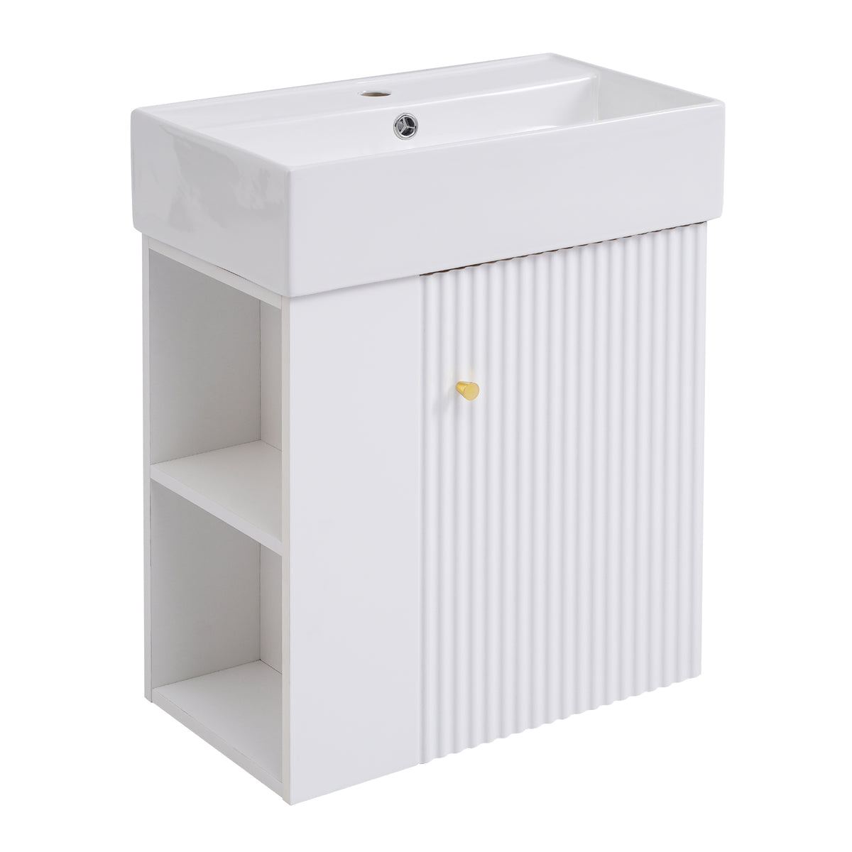 21.6" Floating Bathroom Vanity with Sink, Slim Wall Mounted Bathroom Vanity with Ceramic Basin & Overflow, Wave Pattern Door with Rose Gold Handle, Soft Close Door,White