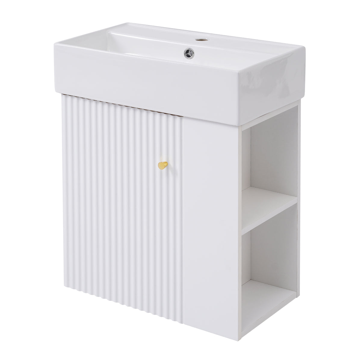21.6" Floating Bathroom Vanity with Sink, Slim Wall Mounted Bathroom Vanity with Ceramic Basin & Overflow, Wave Pattern Door with Rose Gold Handle, Soft Close Door,White