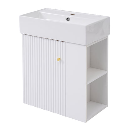 21.6" Floating Bathroom Vanity with Sink, Slim Wall Mounted Bathroom Vanity with Ceramic Basin & Overflow, Wave Pattern Door with Rose Gold Handle, Soft Close Door,White