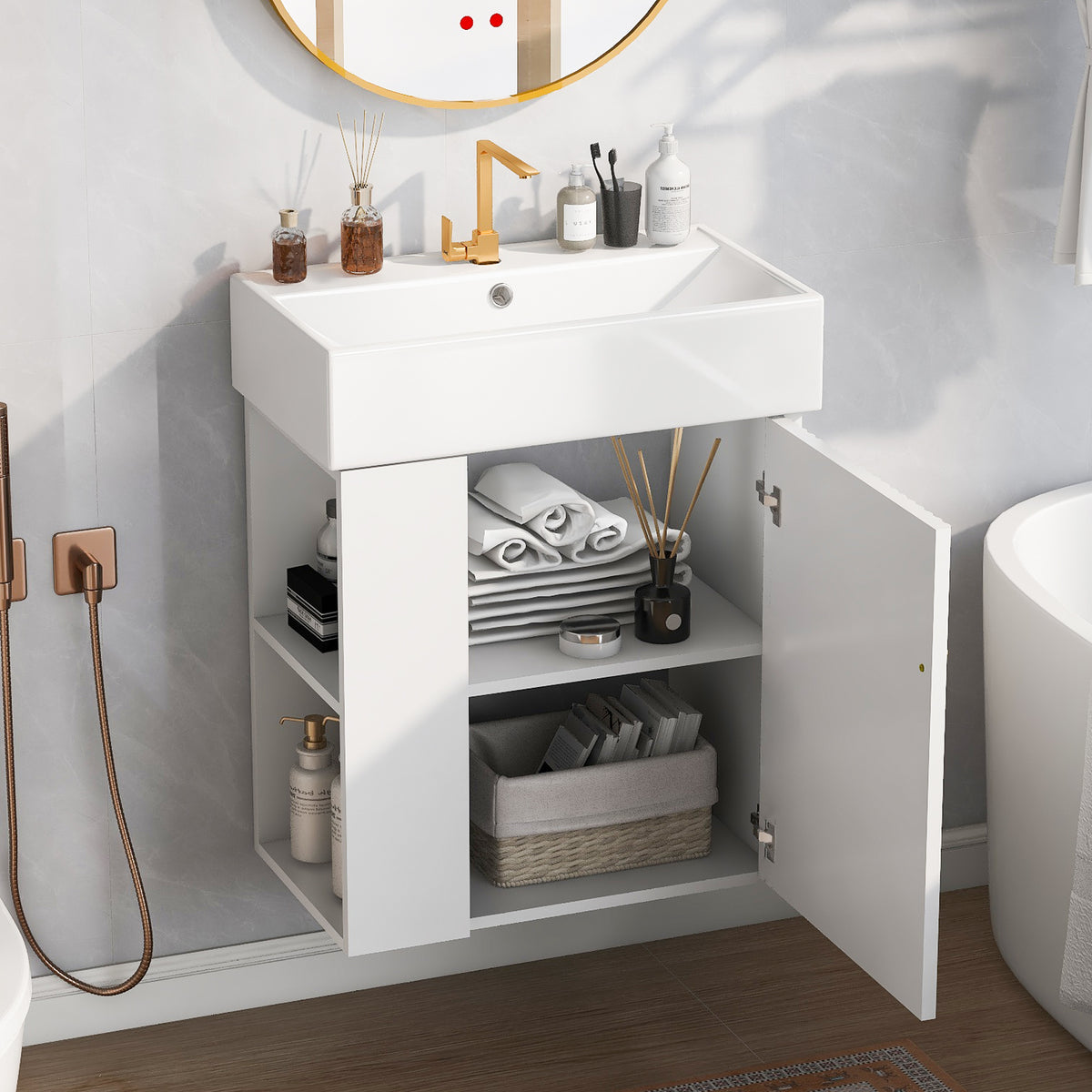 21.6" Floating Bathroom Vanity with Sink, Slim Wall Mounted Bathroom Vanity with Ceramic Basin & Overflow, Wave Pattern Door with Rose Gold Handle, Soft Close Door,White