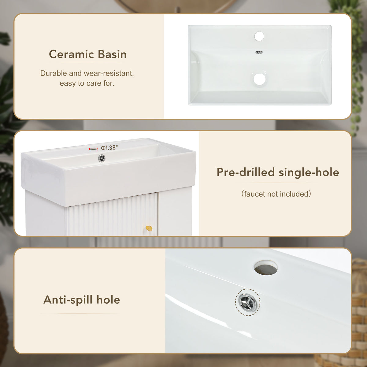 21.6" Floating Bathroom Vanity with Sink, Slim Wall Mounted Bathroom Vanity with Ceramic Basin & Overflow, Wave Pattern Door with Rose Gold Handle, Soft Close Door,White