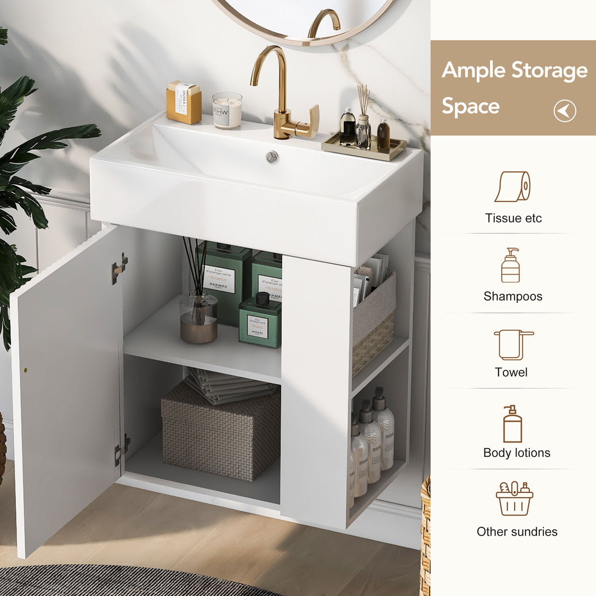 21.6" Floating Bathroom Vanity with Sink, Slim Wall Mounted Bathroom Vanity with Ceramic Basin & Overflow, Wave Pattern Door with Rose Gold Handle, Soft Close Door,White