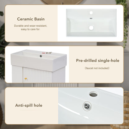 21.6" Floating Bathroom Vanity with Sink, Slim Wall Mounted Bathroom Vanity with Ceramic Basin & Overflow, Wave Pattern Door with Rose Gold Handle, Soft Close Door,White