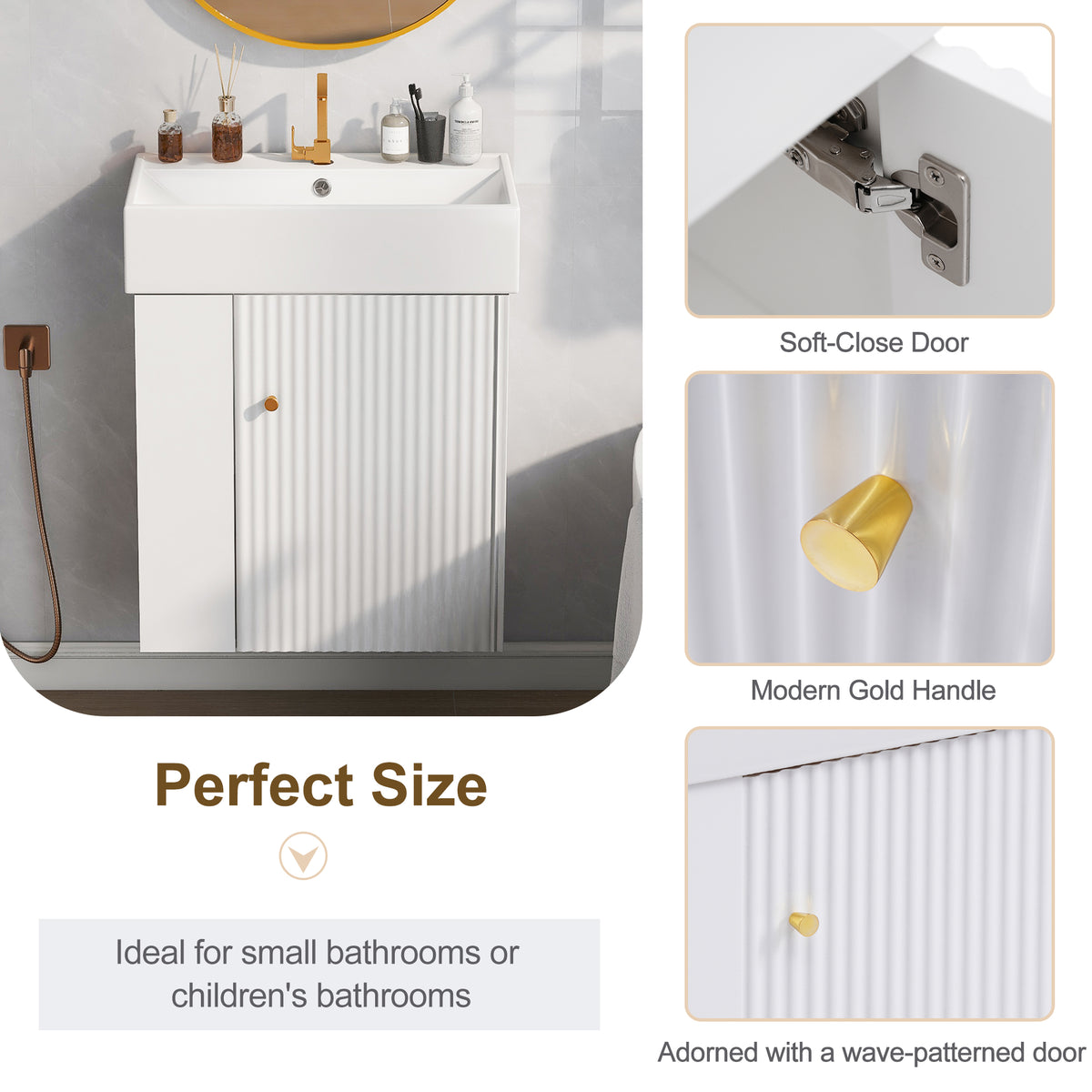 21.6" Floating Bathroom Vanity with Sink, Slim Wall Mounted Bathroom Vanity with Ceramic Basin & Overflow, Wave Pattern Door with Rose Gold Handle, Soft Close Door,White