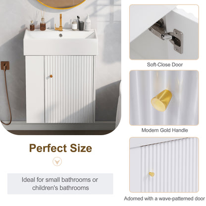 21.6" Floating Bathroom Vanity with Sink, Slim Wall Mounted Bathroom Vanity with Ceramic Basin & Overflow, Wave Pattern Door with Rose Gold Handle, Soft Close Door,White