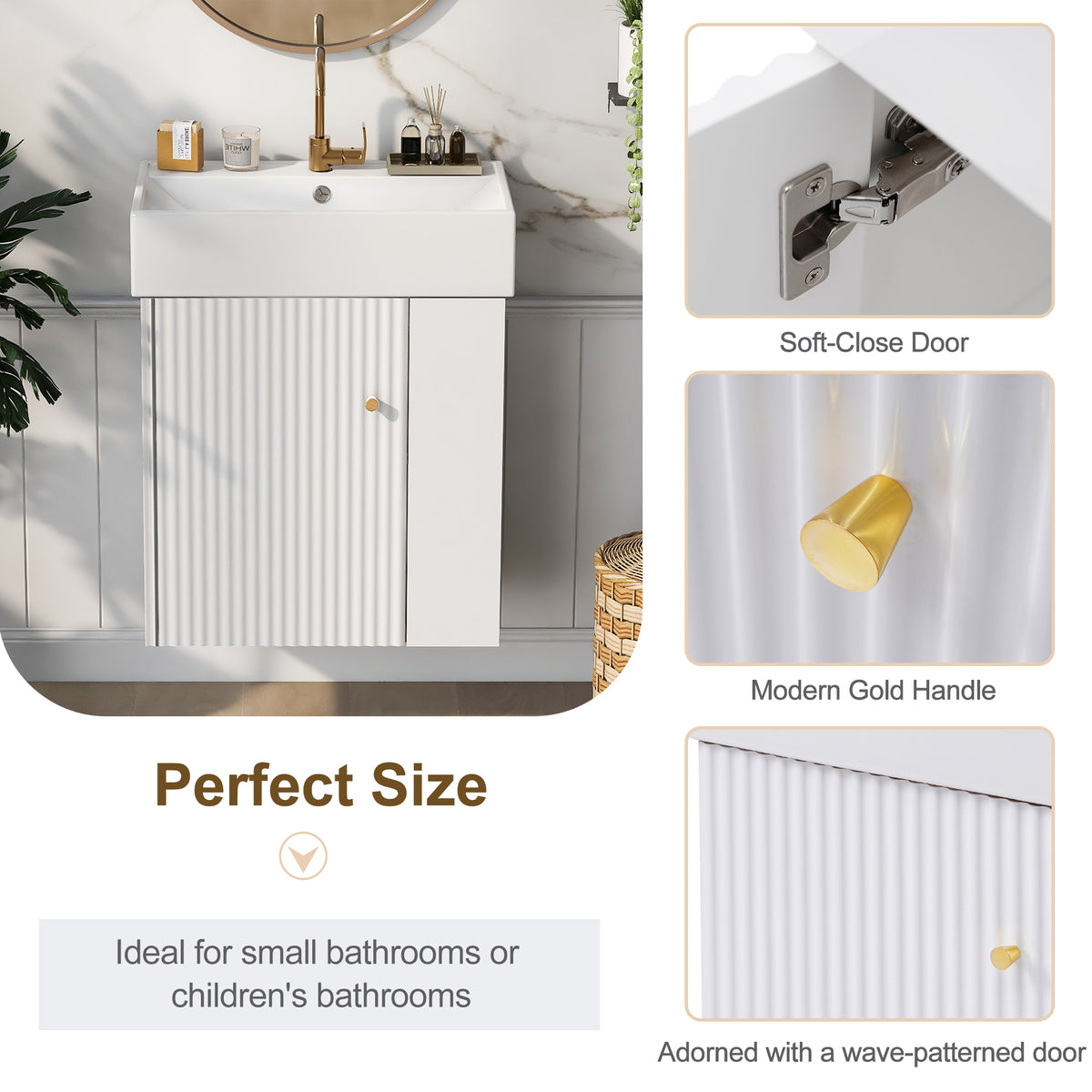 21.6" Floating Bathroom Vanity with Sink, Slim Wall Mounted Bathroom Vanity with Ceramic Basin & Overflow, Wave Pattern Door with Rose Gold Handle, Soft Close Door,White