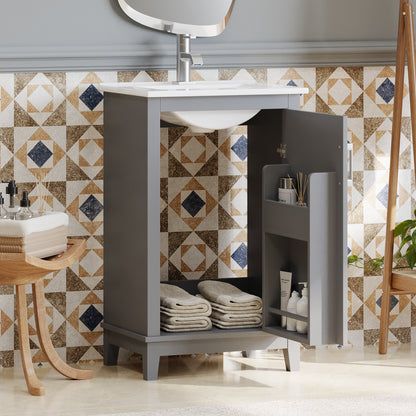 20" Bathroom Vanity with Sink, Minimalist Bathroom Vanity Cabinet with Double Door Shelves & Overflow Ceramic Sink, Soft Close Door, Solid Wood Legs,Grey