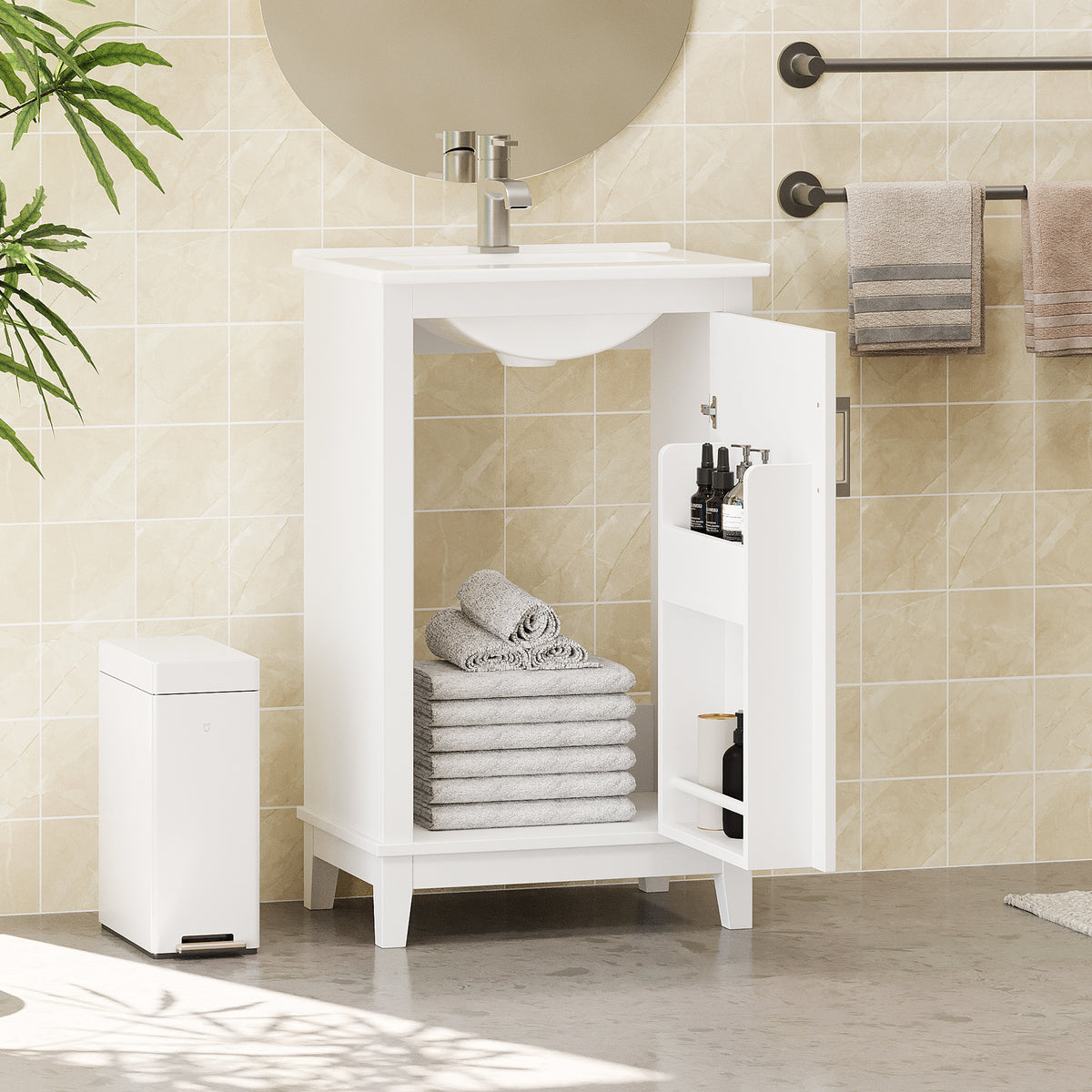 20" Bathroom Vanity with Sink, Minimalist Bathroom Vanity Cabinet with Double Door Shelves & Overflow Ceramic Sink, Soft Close Door, Solid Wood Legs,White