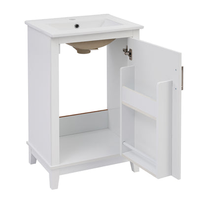 20" Bathroom Vanity with Sink, Minimalist Bathroom Vanity Cabinet with Double Door Shelves & Overflow Ceramic Sink, Soft Close Door, Solid Wood Legs,White
