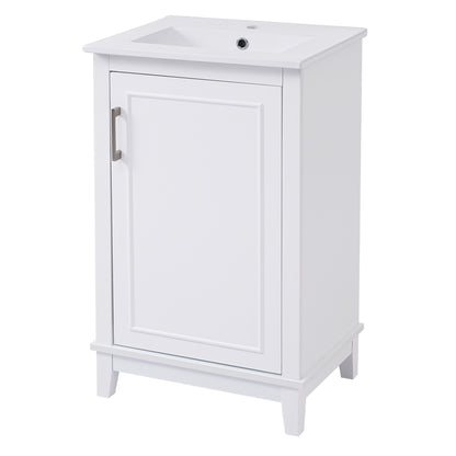 20" Bathroom Vanity with Sink, Minimalist Bathroom Vanity Cabinet with Double Door Shelves & Overflow Ceramic Sink, Soft Close Door, Solid Wood Legs,White