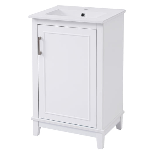20" Bathroom Vanity with Sink, Minimalist Bathroom Vanity Cabinet with Double Door Shelves & Overflow Ceramic Sink, Soft Close Door, Solid Wood Legs,White