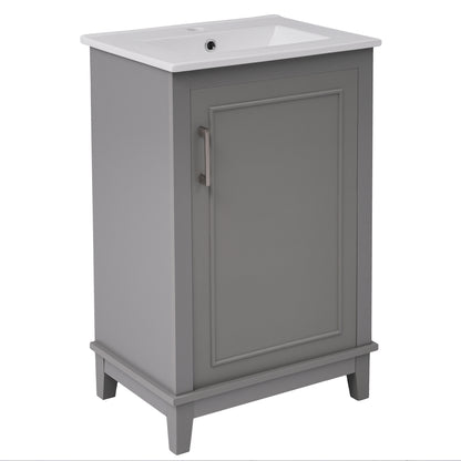 20" Bathroom Vanity with Sink, Minimalist Bathroom Vanity Cabinet with Double Door Shelves & Overflow Ceramic Sink, Soft Close Door, Solid Wood Legs,Grey
