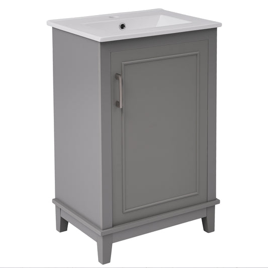 20" Bathroom Vanity with Sink, Minimalist Bathroom Vanity Cabinet with Double Door Shelves & Overflow Ceramic Sink, Soft Close Door, Solid Wood Legs,Grey