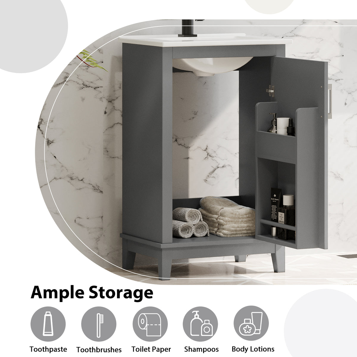 20" Bathroom Vanity with Sink, Minimalist Bathroom Vanity Cabinet with Double Door Shelves & Overflow Ceramic Sink, Soft Close Door, Solid Wood Legs,Grey