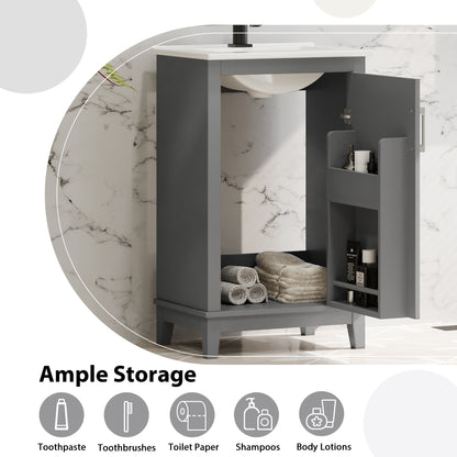 20" Bathroom Vanity with Sink, Minimalist Bathroom Vanity Cabinet with Double Door Shelves & Overflow Ceramic Sink, Soft Close Door, Solid Wood Legs,Grey
