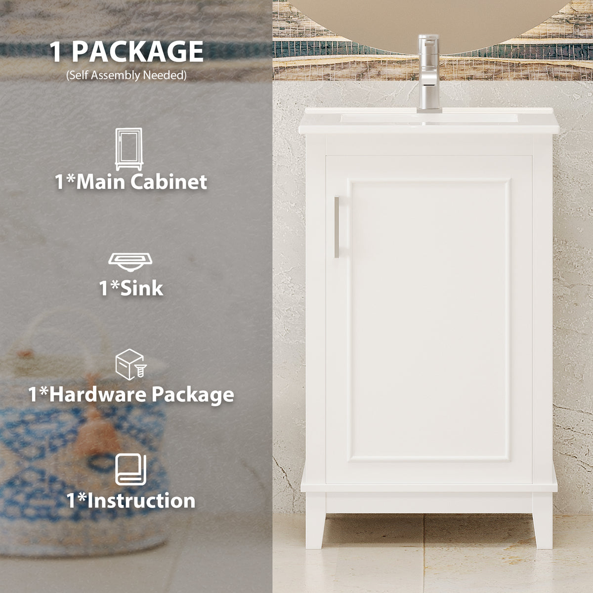 20" Bathroom Vanity with Sink, Minimalist Bathroom Vanity Cabinet with Double Door Shelves & Overflow Ceramic Sink, Soft Close Door, Solid Wood Legs,White