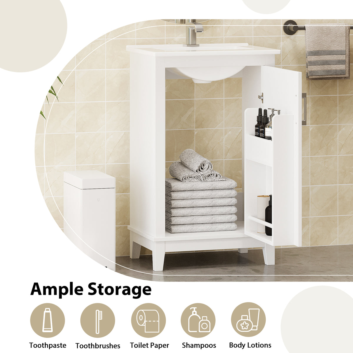 20" Bathroom Vanity with Sink, Minimalist Bathroom Vanity Cabinet with Double Door Shelves & Overflow Ceramic Sink, Soft Close Door, Solid Wood Legs,White