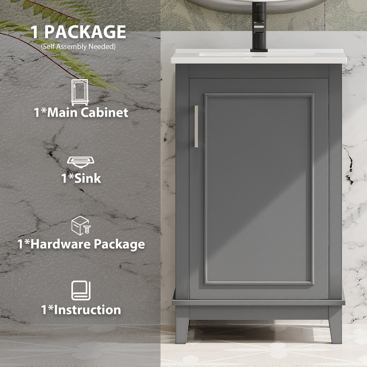 20" Bathroom Vanity with Sink, Minimalist Bathroom Vanity Cabinet with Double Door Shelves & Overflow Ceramic Sink, Soft Close Door, Solid Wood Legs,Grey