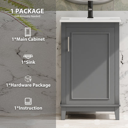 20" Bathroom Vanity with Sink, Minimalist Bathroom Vanity Cabinet with Double Door Shelves & Overflow Ceramic Sink, Soft Close Door, Solid Wood Legs,Grey
