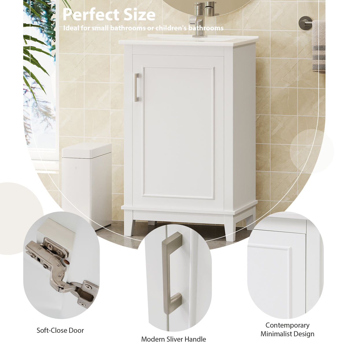20" Bathroom Vanity with Sink, Minimalist Bathroom Vanity Cabinet with Double Door Shelves & Overflow Ceramic Sink, Soft Close Door, Solid Wood Legs,White