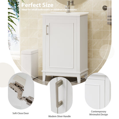 20" Bathroom Vanity with Sink, Minimalist Bathroom Vanity Cabinet with Double Door Shelves & Overflow Ceramic Sink, Soft Close Door, Solid Wood Legs,White
