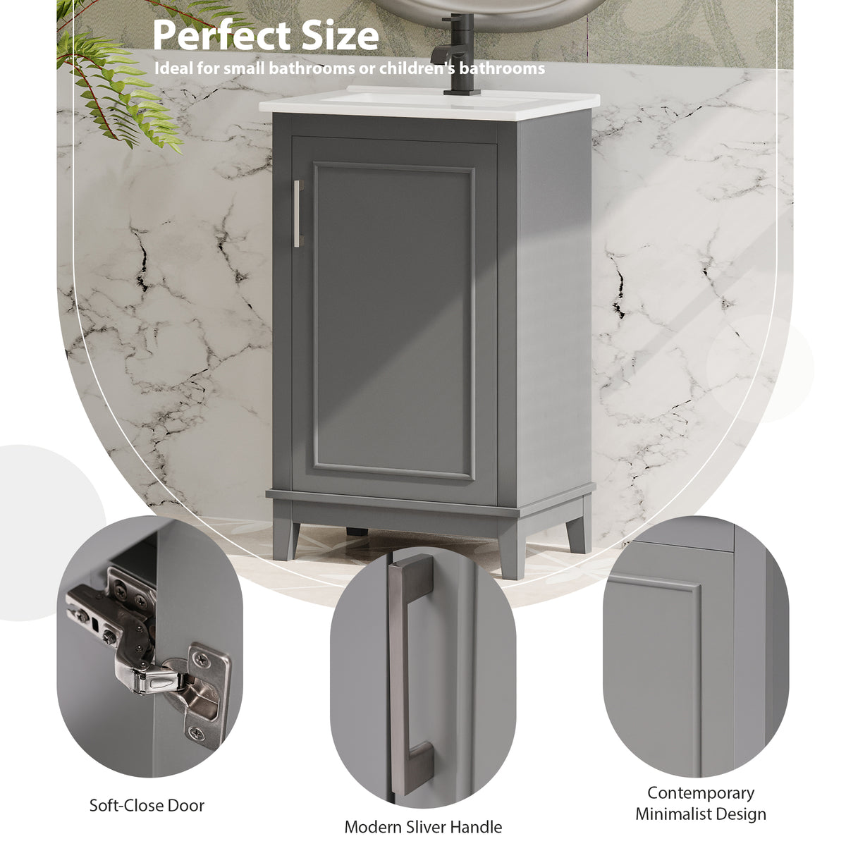 20" Bathroom Vanity with Sink, Minimalist Bathroom Vanity Cabinet with Double Door Shelves & Overflow Ceramic Sink, Soft Close Door, Solid Wood Legs,Grey