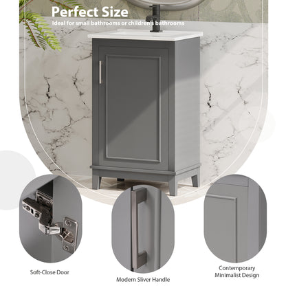 20" Bathroom Vanity with Sink, Minimalist Bathroom Vanity Cabinet with Double Door Shelves & Overflow Ceramic Sink, Soft Close Door, Solid Wood Legs,Grey